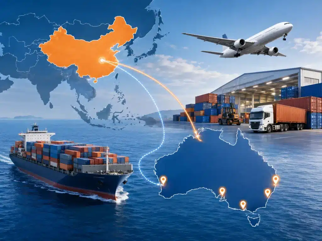 Shipping from China to Australia by sea freight, air freight, express courier and DDP delivery, featuring China and Australia trade route, container ship, cargo plane, warehouse and final delivery truck.