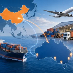 Shipping from China to Australia by sea freight, air freight, express courier and DDP delivery, featuring China and Australia trade route, container ship, cargo plane, warehouse and final delivery truck.