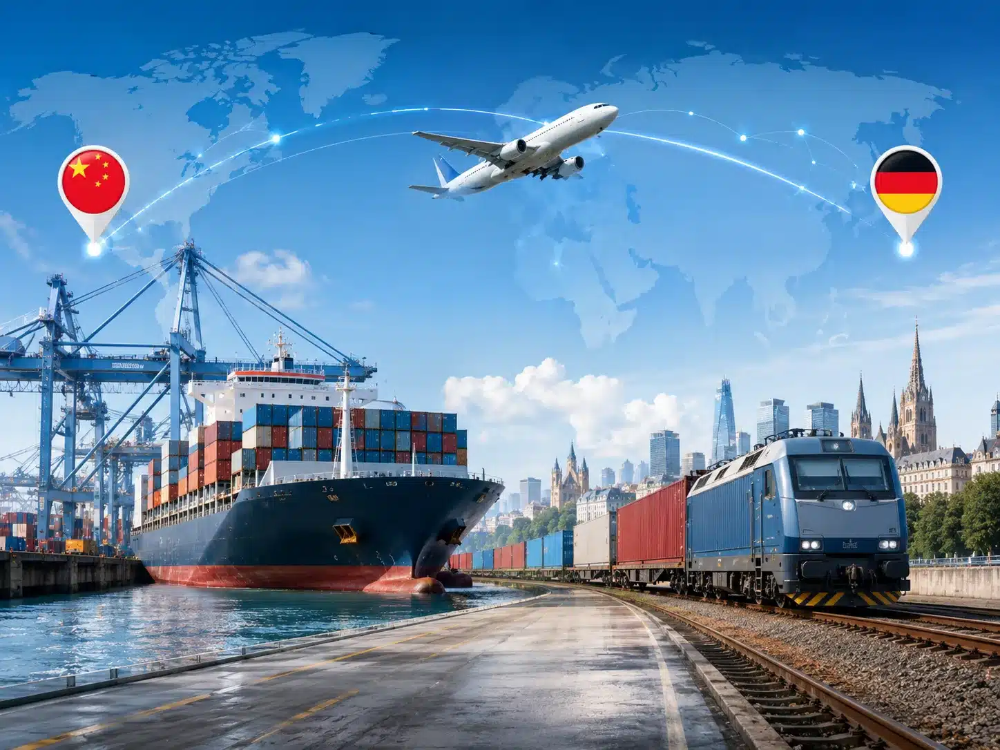 Shipping from China to Germany freight route with container shipping, rail freight, air freight and logistics connection between China and Germany