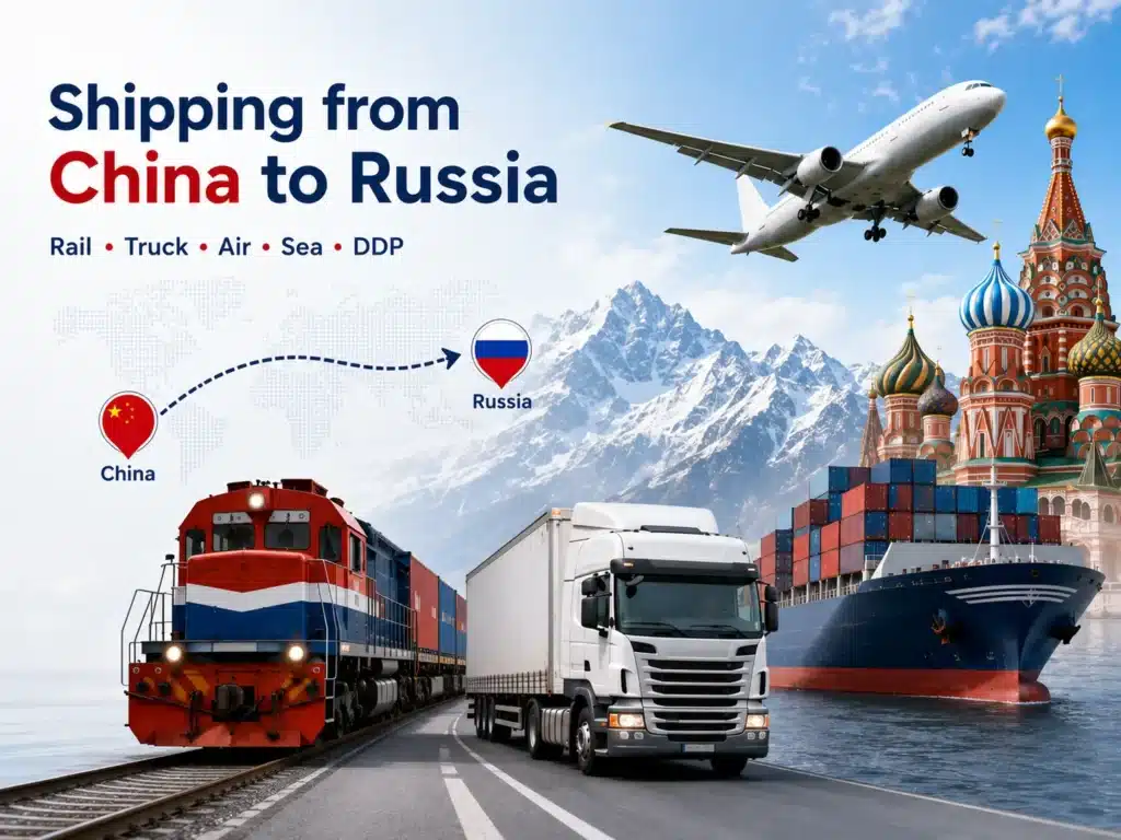 Shipping from China to Russia with rail freight, FTL and LTL truck freight, air freight, sea freight, DDP service and door-to-door delivery to Moscow and St. Petersburg