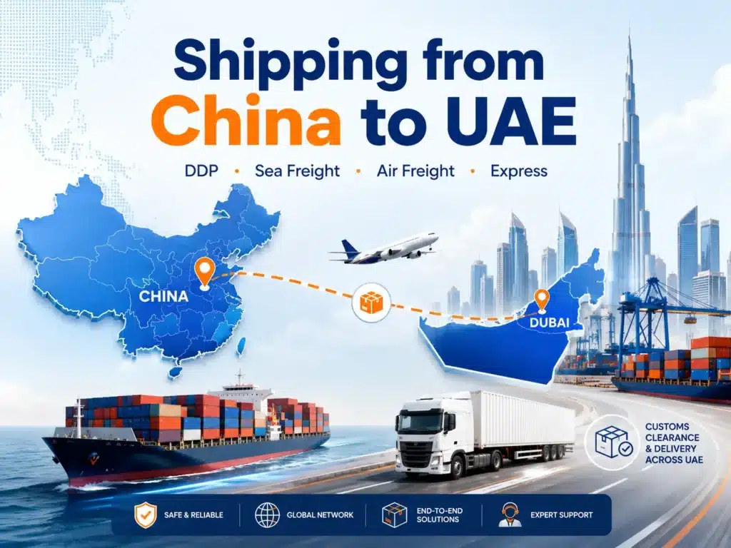 Shipping from China to UAE with DDP, sea freight, air freight and express delivery, showing China and UAE maps, Dubai skyline, cargo ship, airplane and truck logistics routes.