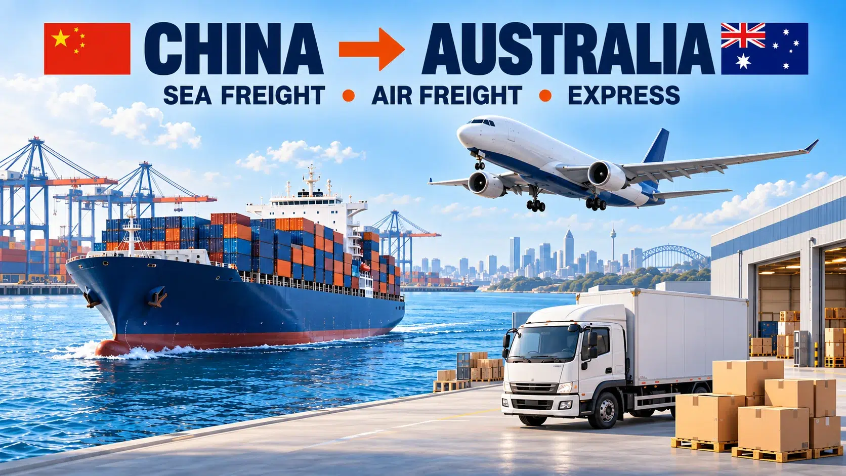 Graphic comparing sea freight, air freight and express shipping from China to Australia.