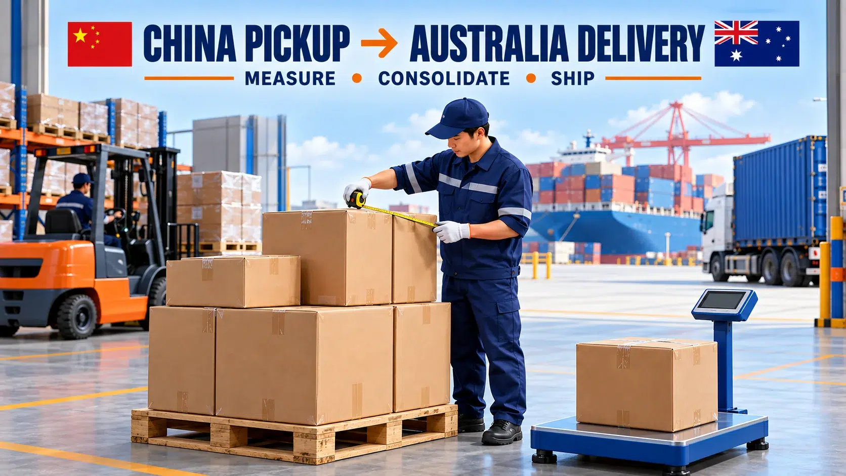 Warehouse worker measuring cartons in China before consolidation and delivery to Australia.