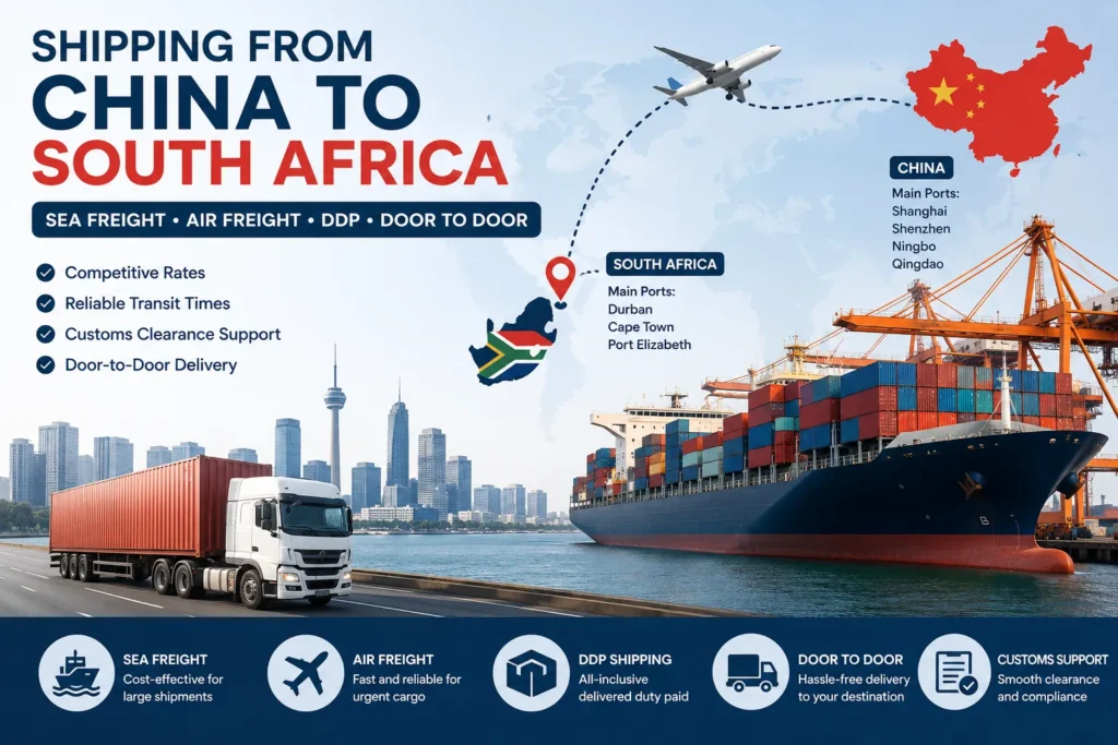 China to South Africa freight forwarder infographic showing sea freight, air freight, DDP shipping, door-to-door delivery, customs support, China ports and South Africa ports