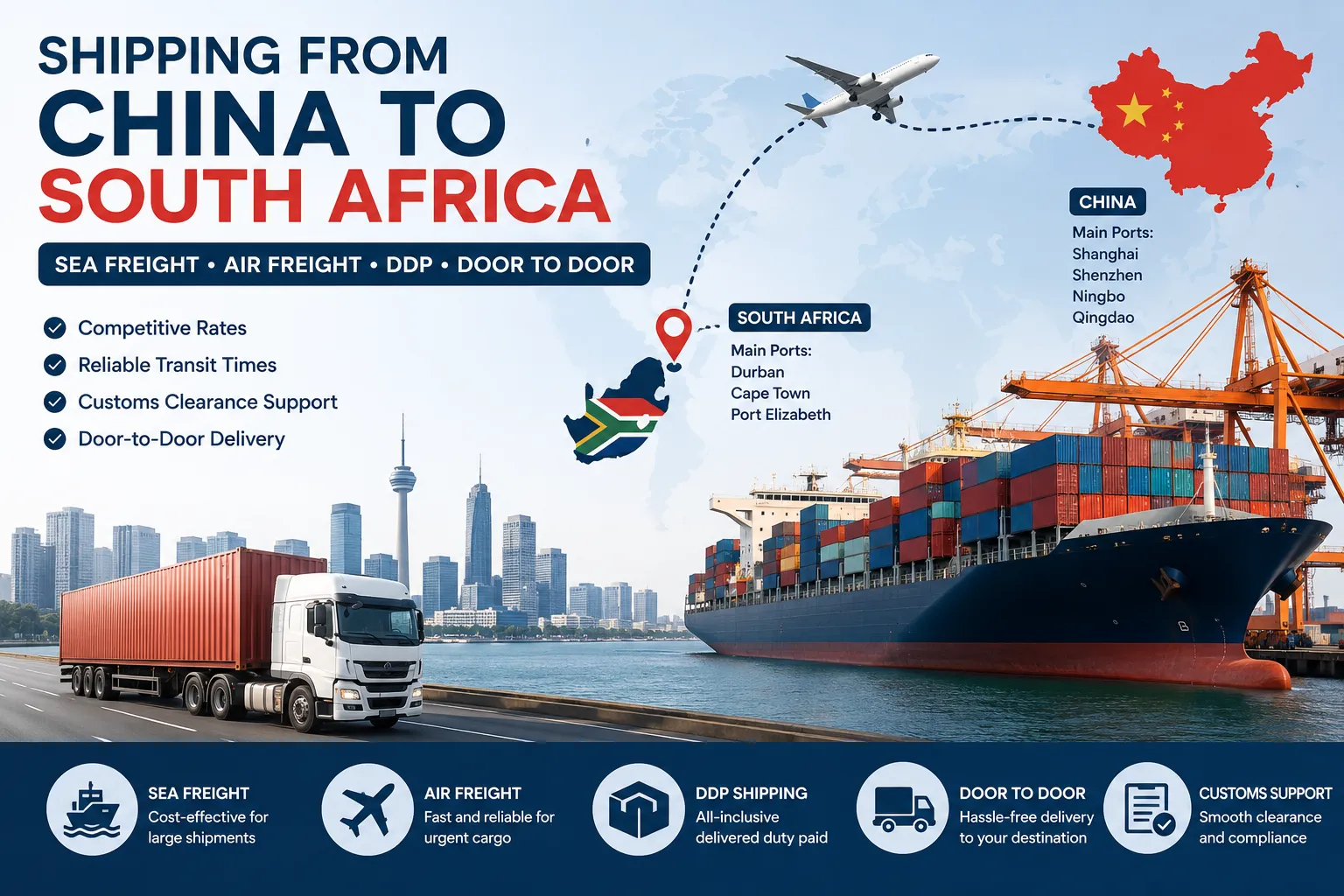 China to South Africa freight forwarder infographic showing sea freight, air freight, DDP shipping, door-to-door delivery, customs support, China ports and South Africa ports