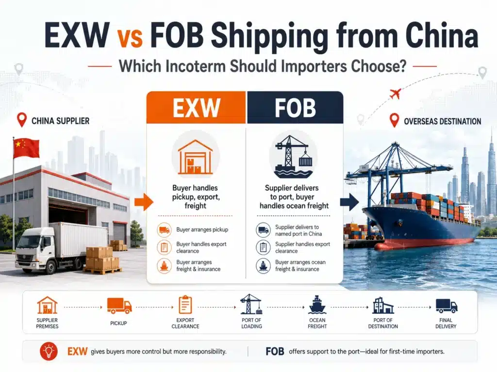 EXW vs FOB shipping from China comparison showing supplier responsibility, buyer responsibility, China pickup, export customs, ocean freight and final delivery
