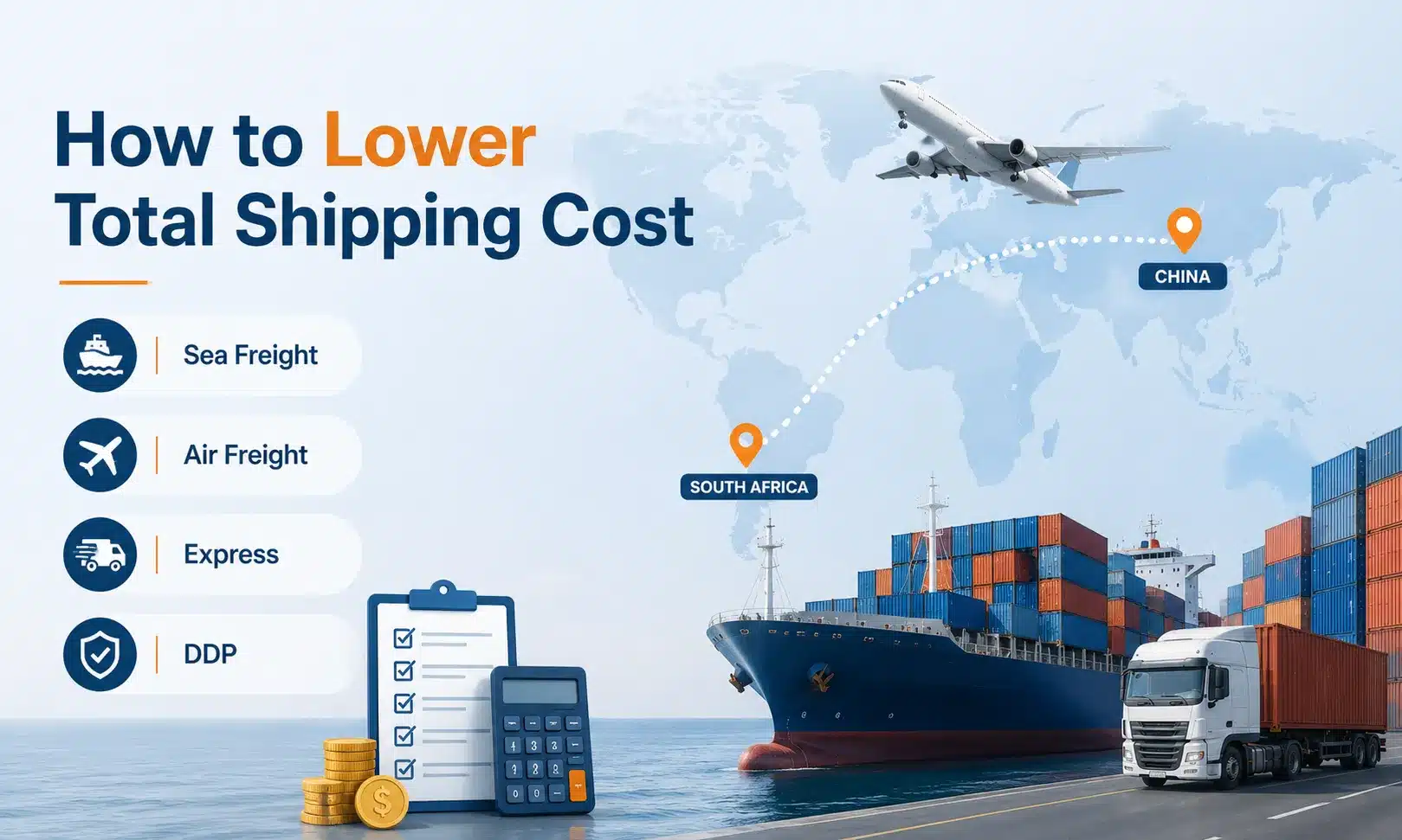 How to lower total shipping cost from China to South Africa by comparing sea freight air freight express courier and DDP