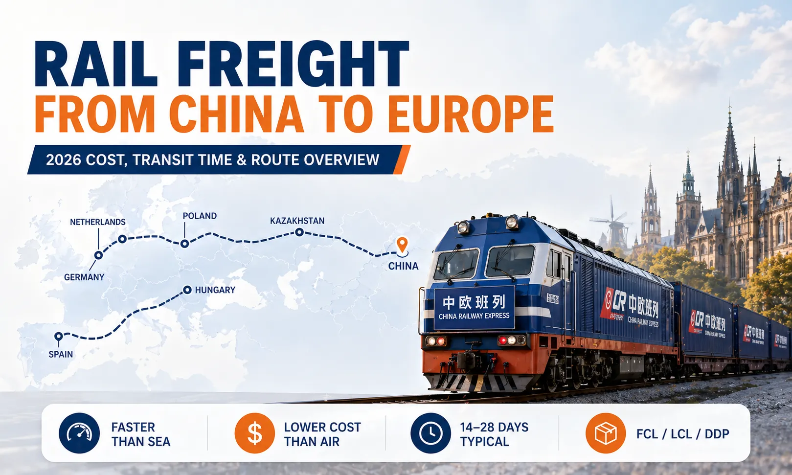 Rail freight from China to Europe route overview with China-Europe Railway Express train, major European destinations, 14 to 28 days transit time, and FCL LCL DDP shipping options