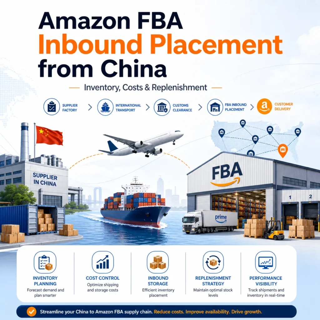 Amazon FBA inbound placement from China showing supplier factory, cargo ship, airplane, customs clearance, FBA warehouse, inventory planning, inbound storage, cost control and replenishment strategy