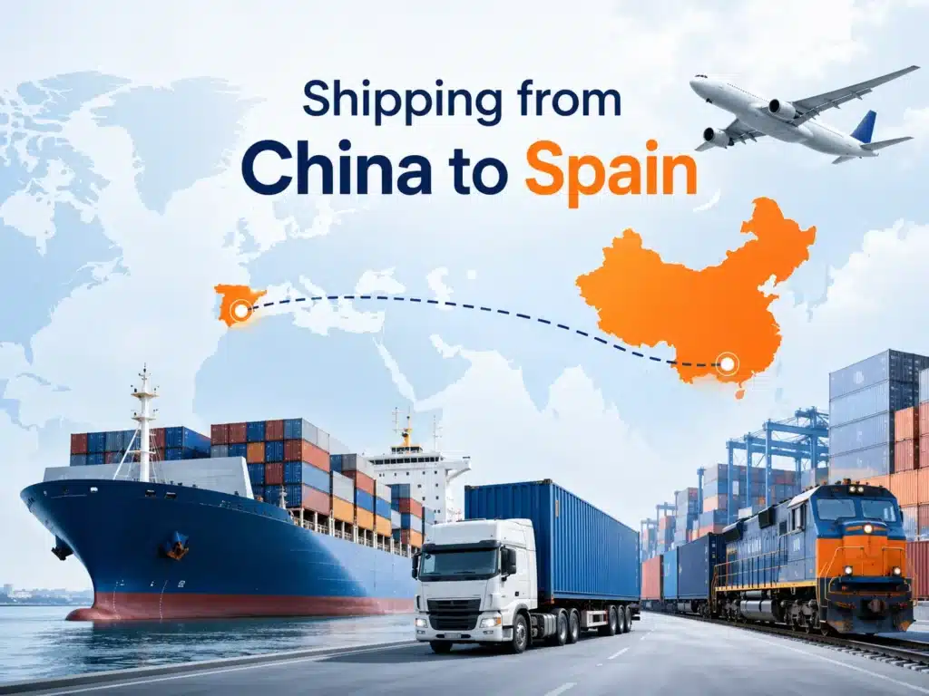Shipping from China to Spain with sea freight, air freight, rail freight, truck delivery and highlighted China to Spain logistics route