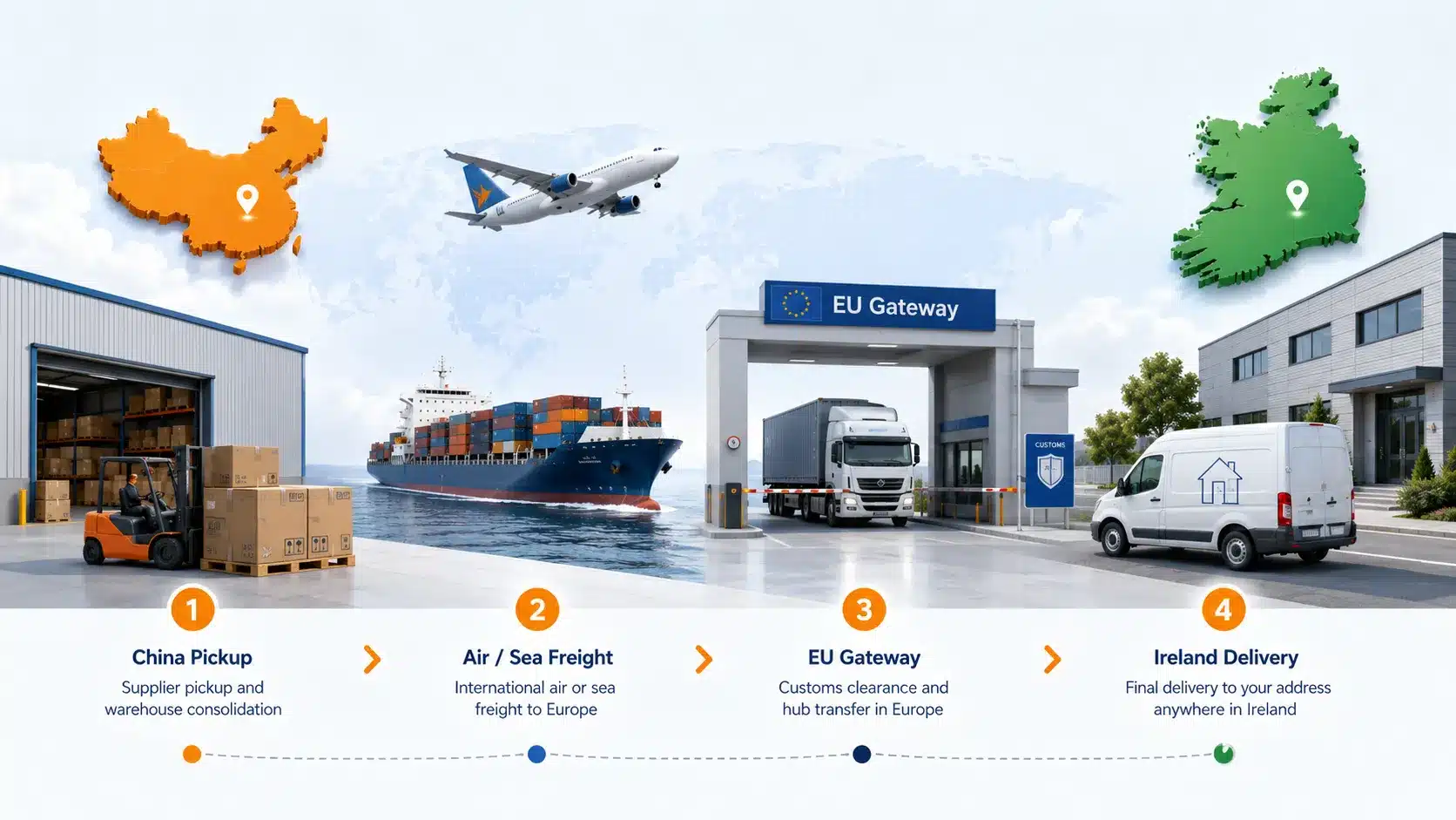 China to Ireland freight shipping process showing China pickup, air or sea freight, EU gateway customs clearance and final delivery in Ireland