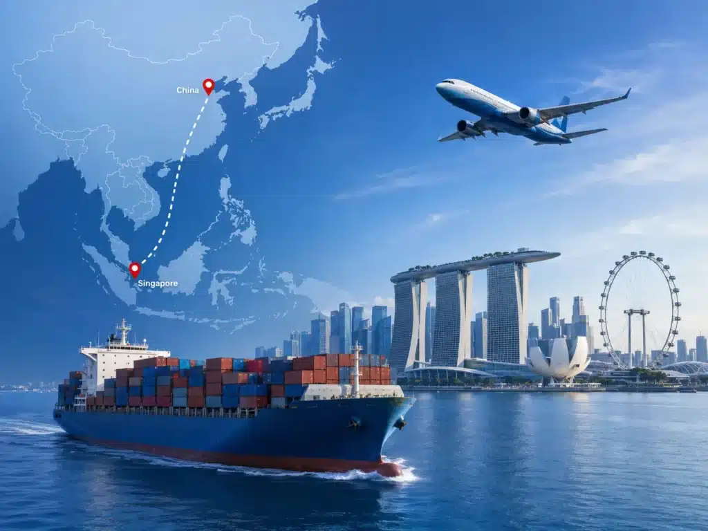 Shipping from China to Singapore by sea freight and air freight, featuring China to Singapore route map, cargo ship, airplane, and Singapore skyline for international logistics service.