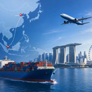 Shipping from China to Singapore by sea freight and air freight, featuring China to Singapore route map, cargo ship, airplane, and Singapore skyline for international logistics service.