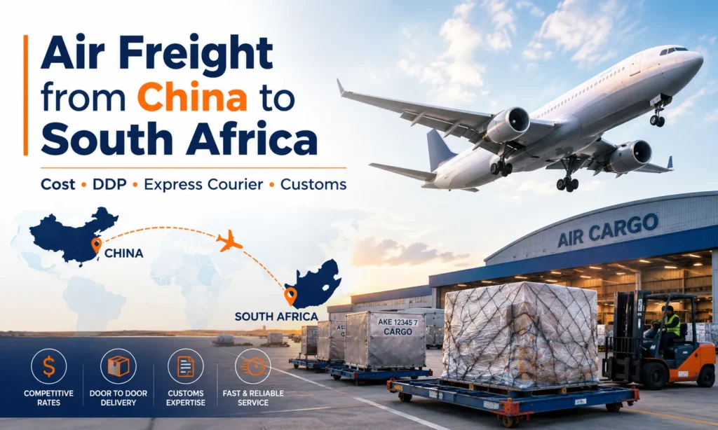 Air freight from China to South Africa showing air cargo, airport handling, China to South Africa route, DDP delivery, express courier and customs clearance services