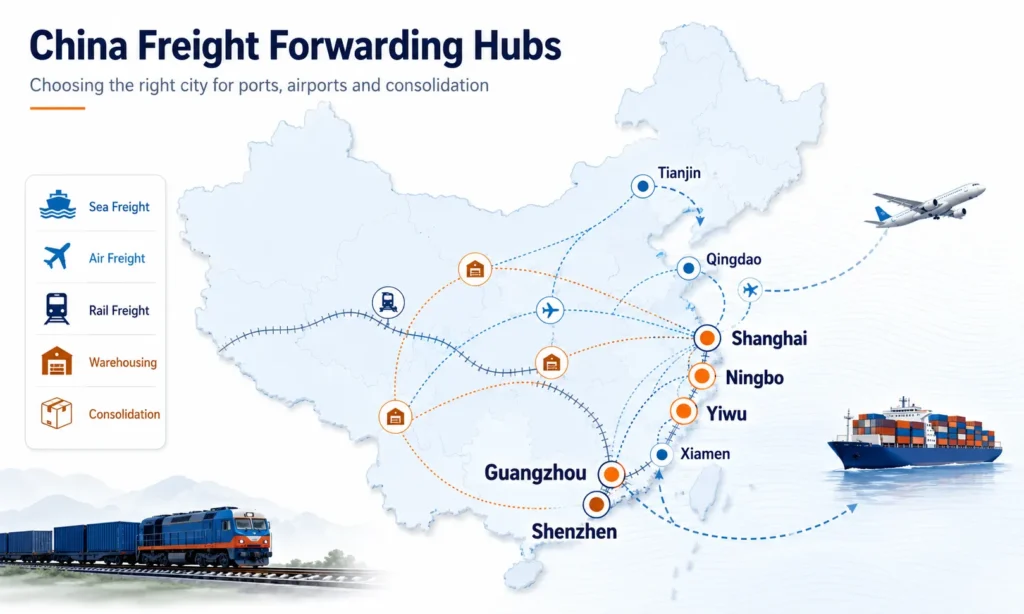 China freight forwarding hubs map showing Shenzhen, Guangzhou, Shanghai, Ningbo, Yiwu, Qingdao, Tianjin and Xiamen for sea, air, rail and warehouse consolidation.