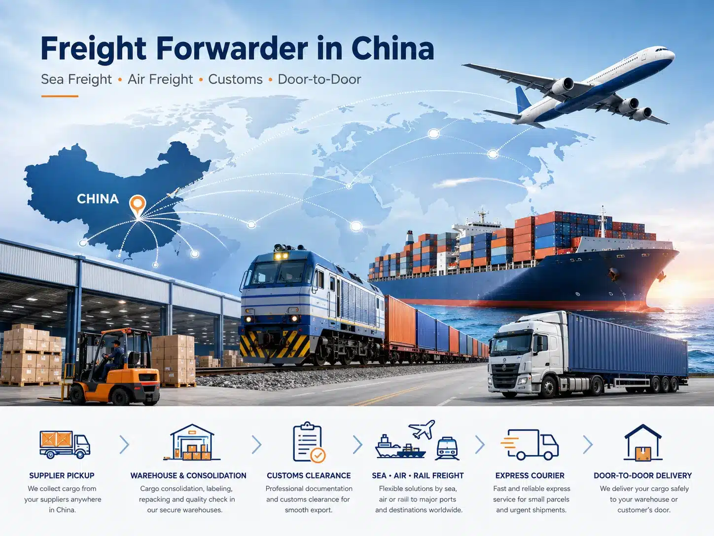 Freight forwarder in China providing sea freight, air freight, rail freight, customs clearance, warehouse consolidation, supplier pickup and door-to-door shipping services worldwide
