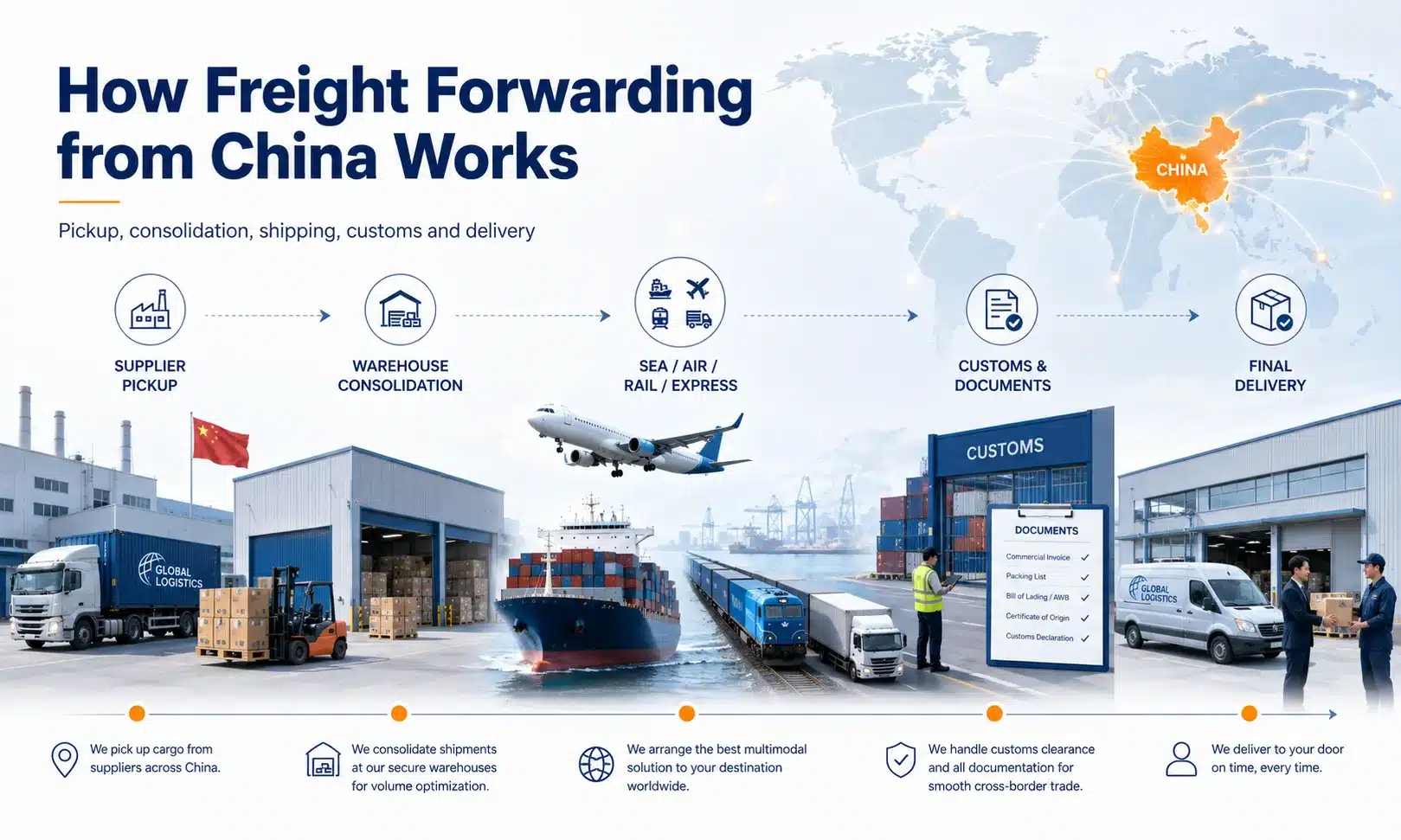 How freight forwarding from China works, including supplier pickup, warehouse consolidation, sea air rail express shipping, customs documents and final delivery