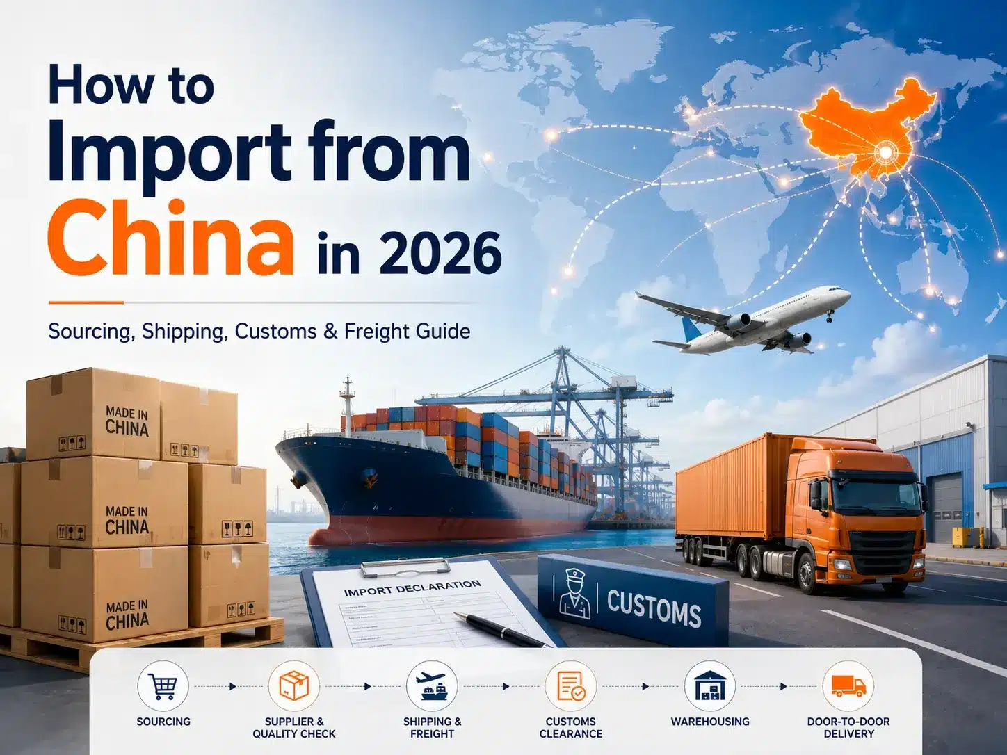 How to import from China in 2026 guide showing sourcing, supplier quality check, shipping, customs clearance, warehousing and door-to-door delivery from China