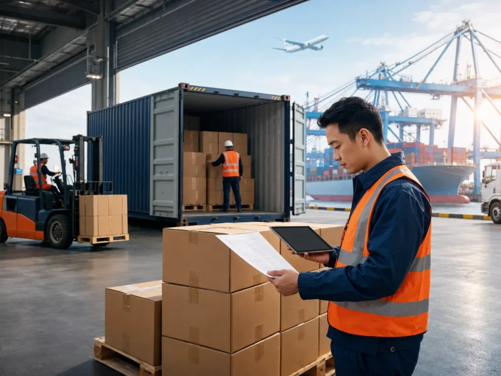 Business importer and Chinese supply chain specialist reviewing a product sample, supplier documents, packaging and shipping plan before importing from China.