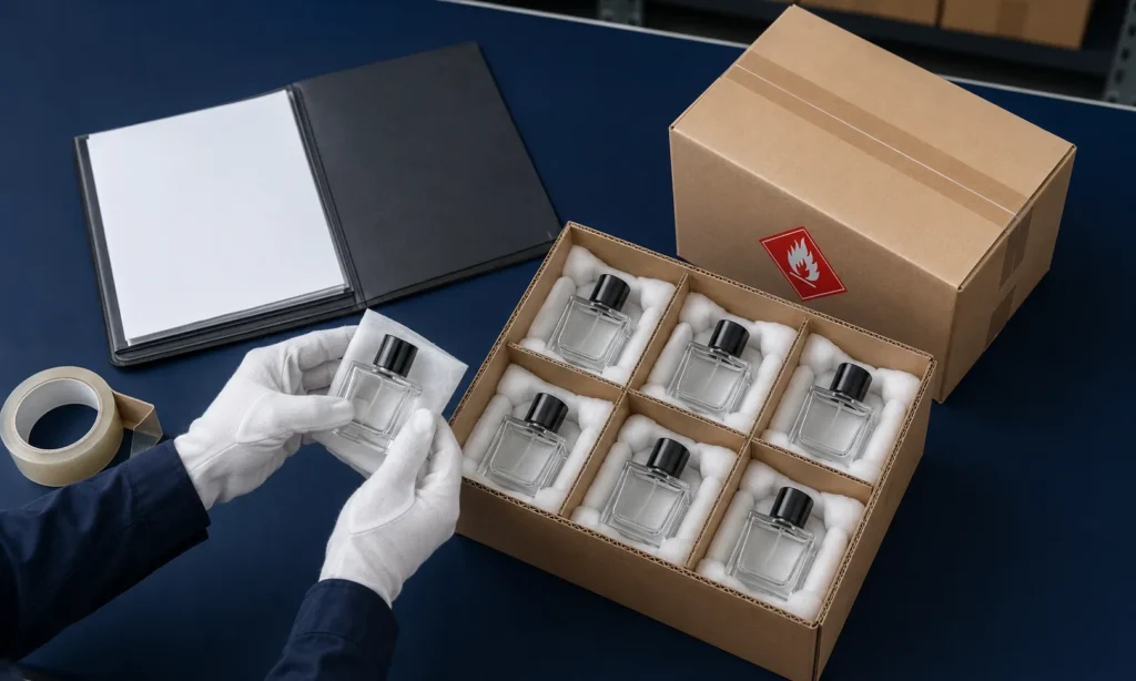 Perfume bottles packed with dividers, cushioning and absorbent material for dangerous goods shipping