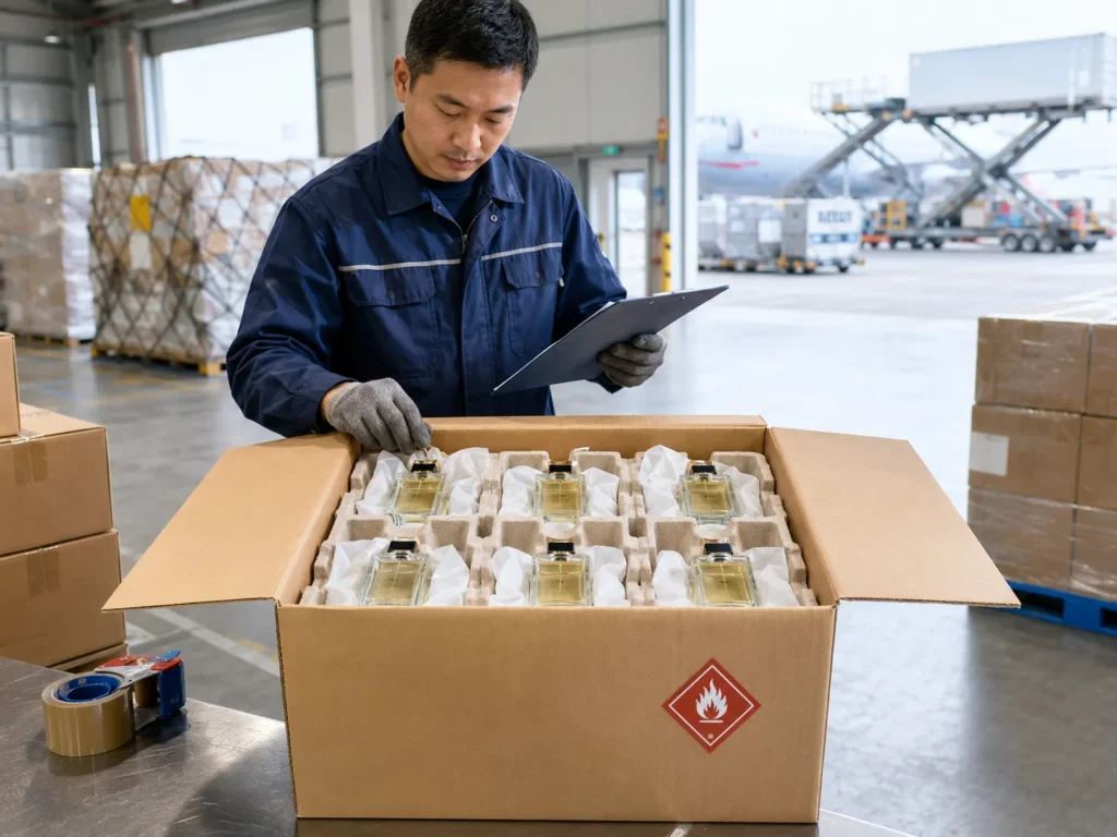 Commercial perfume shipment being inspected and packed for international freight from China