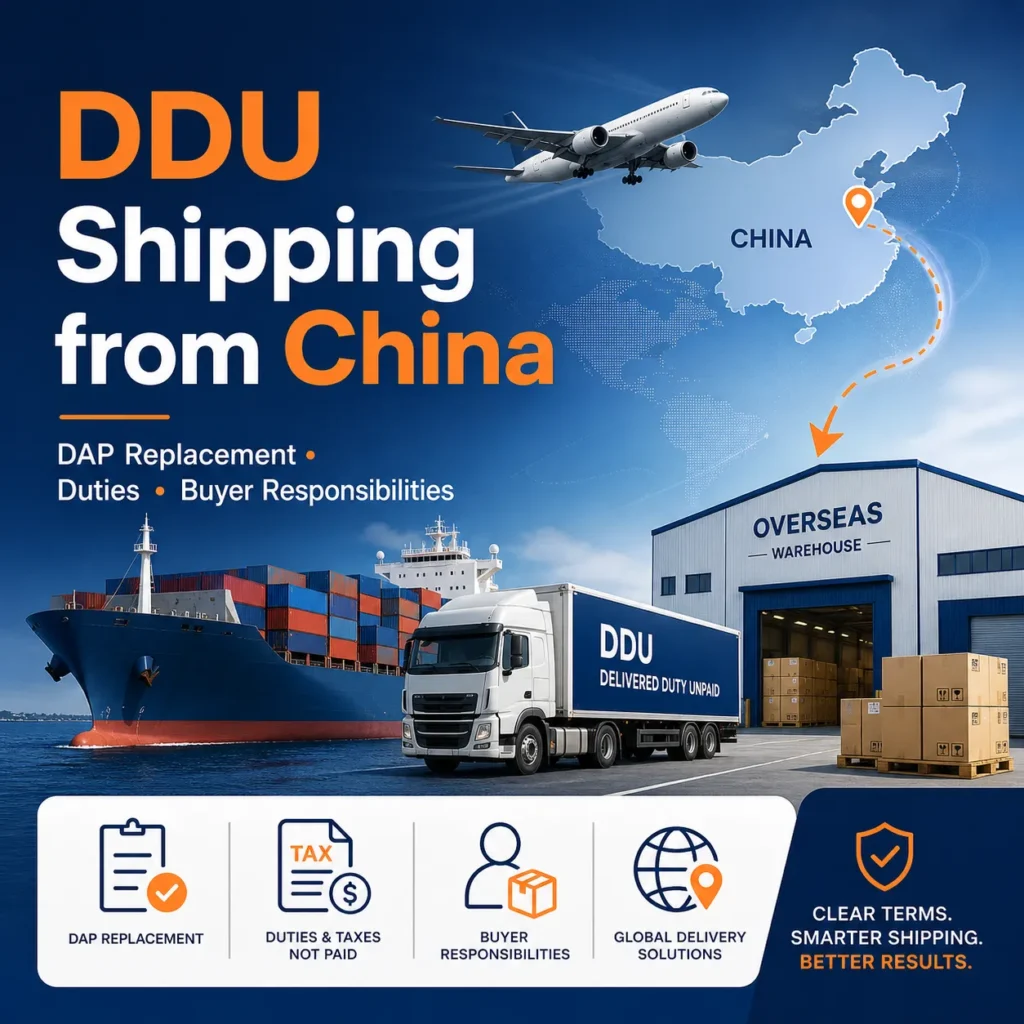 DDU shipping from China cover image showing cargo ship, truck, airplane, China route map, overseas warehouse, DAP replacement, duties, and buyer responsibilities