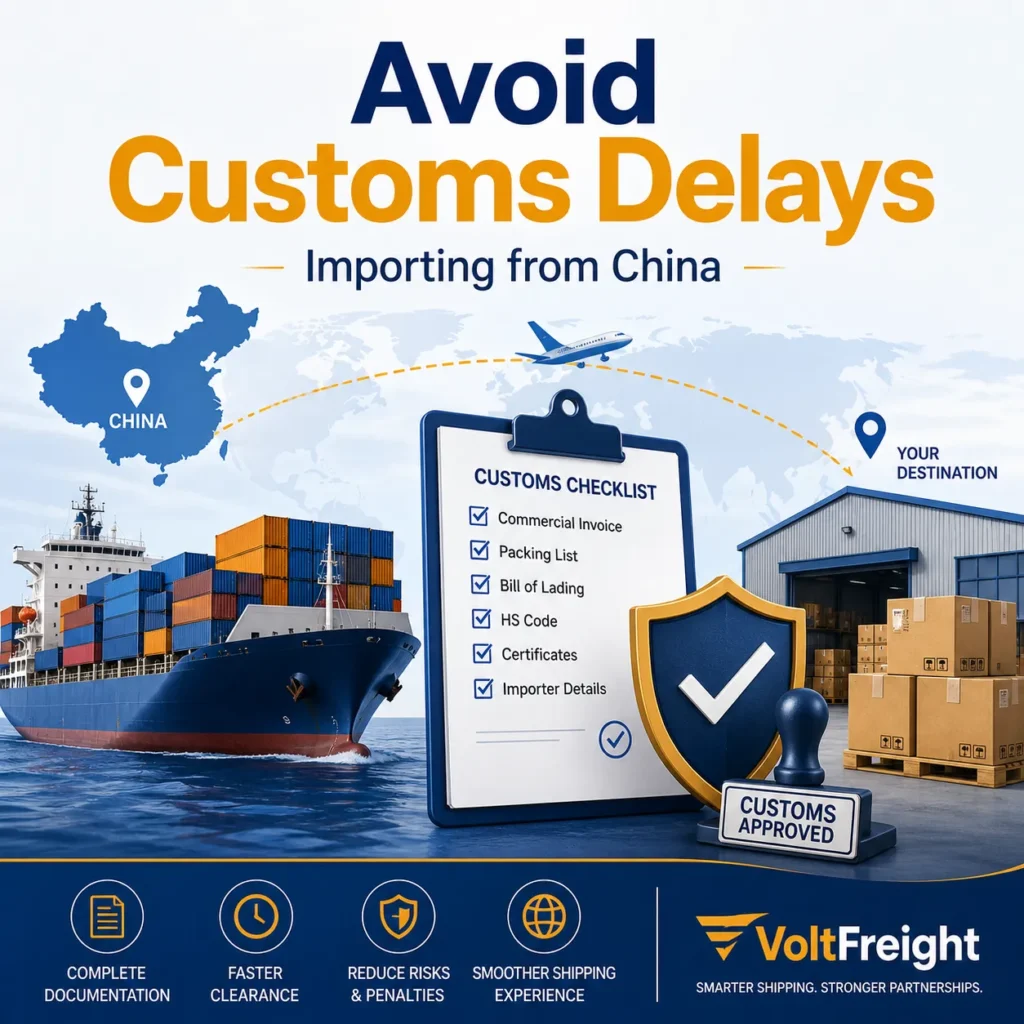 Avoid customs delays when importing from China with shipping documents, commercial invoice, packing list, HS code, importer details, customs approval, cargo ship, and destination warehouse