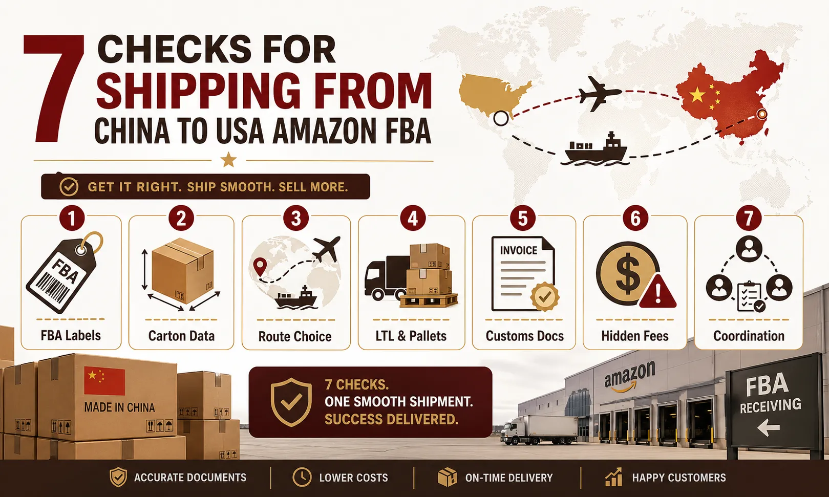 China to USA Amazon FBA shipping checklist infographic covering FBA labels, carton data, route choice, customs docs, hidden fees and coordination.