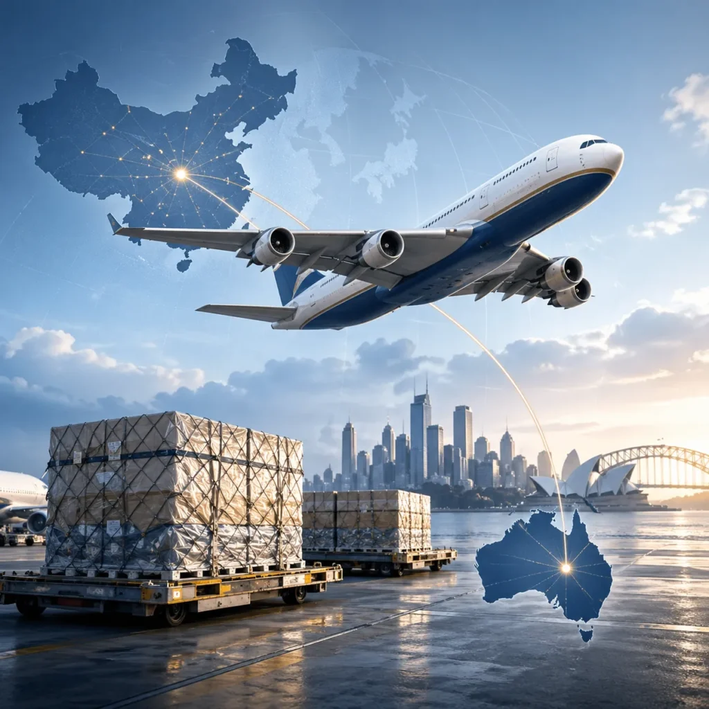 Air freight China to Australia cover image showing cargo aircraft, air pallets and shipping route between China and Australia