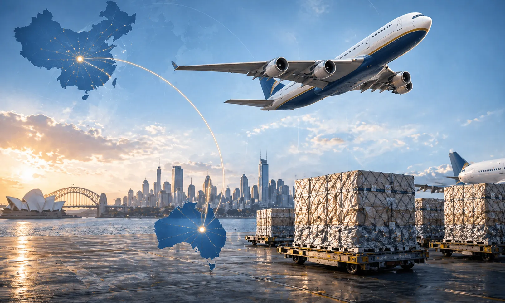 Air freight China to Australia guide image showing cargo aircraft, air freight pallets, Australia skyline and shipping route from China to Australia