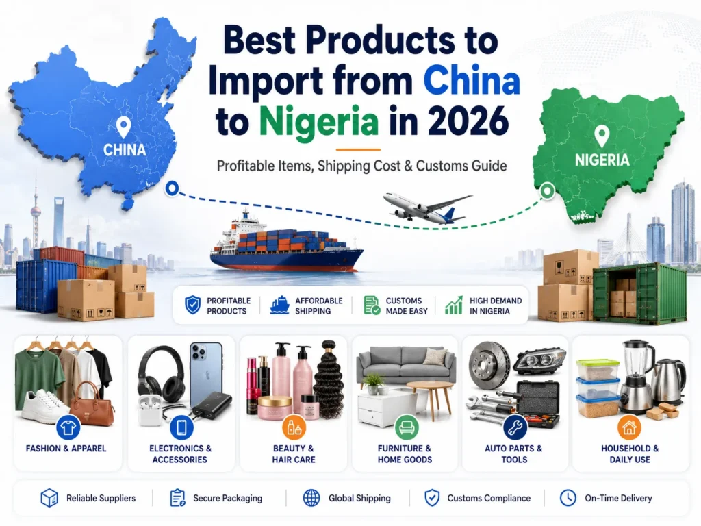Best products to import from China to Nigeria in 2026 including fashion items, electronics accessories, beauty products, furniture, auto parts, household goods, shipping cost and customs guide