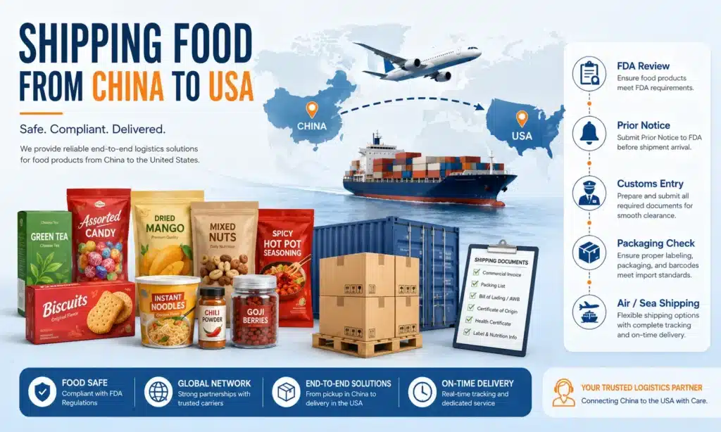 China to USA food shipping process showing FDA review, Prior Notice, customs entry, packaging check, air and sea freight, DDP delivery and shipping documents for packaged food products
