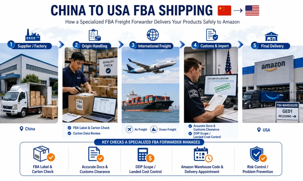 Freight forwarder China to USA Amazon FBA workflow with supplier pickup, FBA label check, customs clearance and final delivery