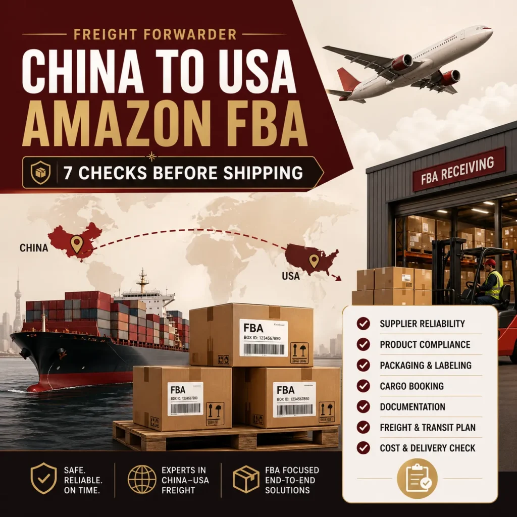 Infographic about freight forwarding from China to USA Amazon FBA, showing 7 checks before shipping, including labels, carton data, route planning, documentation and delivery checks.
