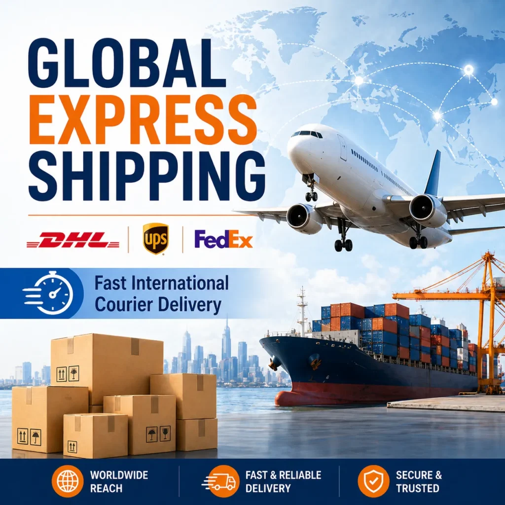 Global express shipping from China in 2026 with DHL, UPS and FedEx courier service, cargo plane, parcels, worldwide route map and fast international delivery