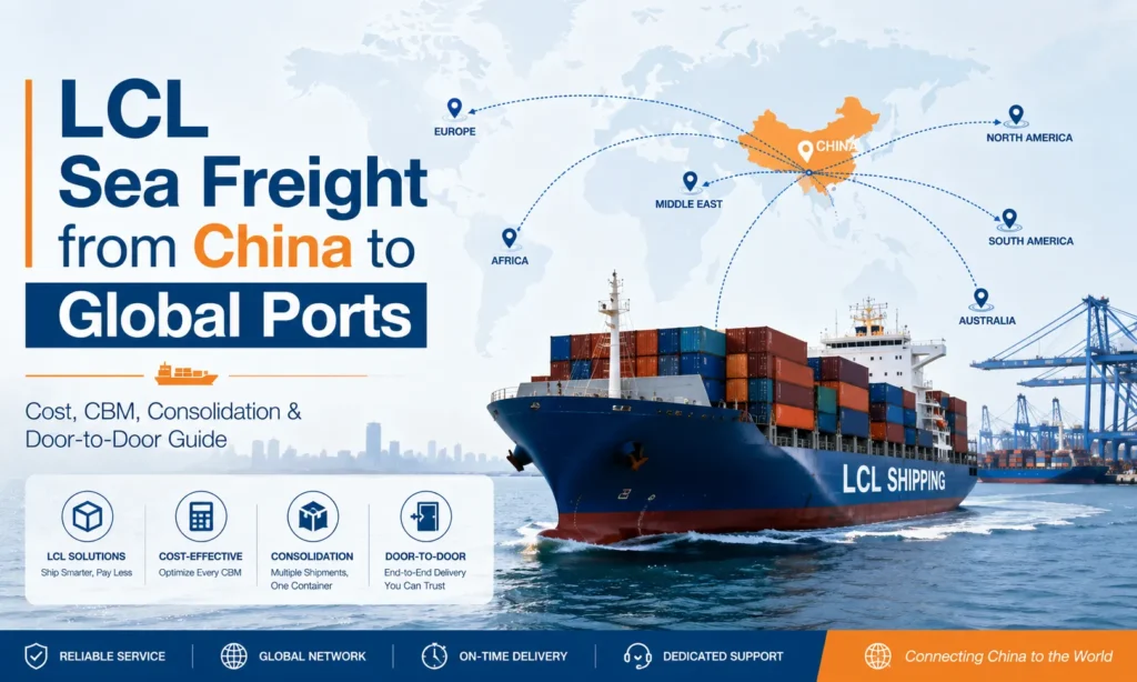 LCL sea freight from China to global ports showing container ship, China export routes, shared container shipping, CBM pricing, consolidation and door-to-door delivery