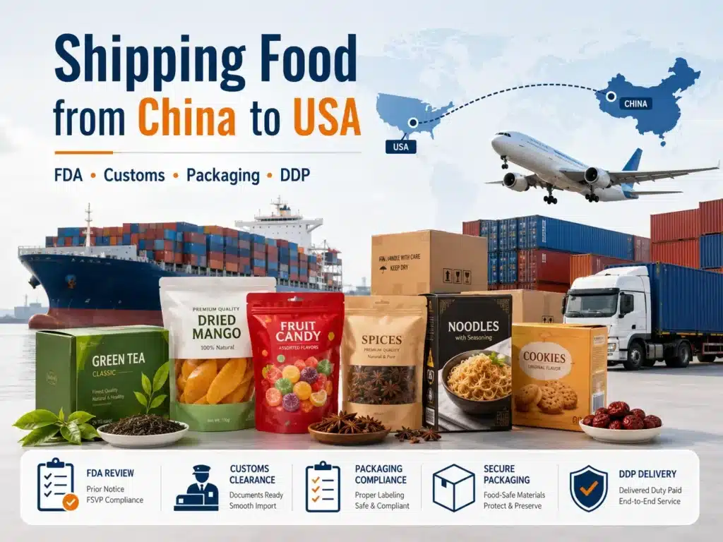 Shipping food from China to USA with FDA review, customs clearance, food packaging compliance, DDP delivery, air freight, sea freight and packaged food products