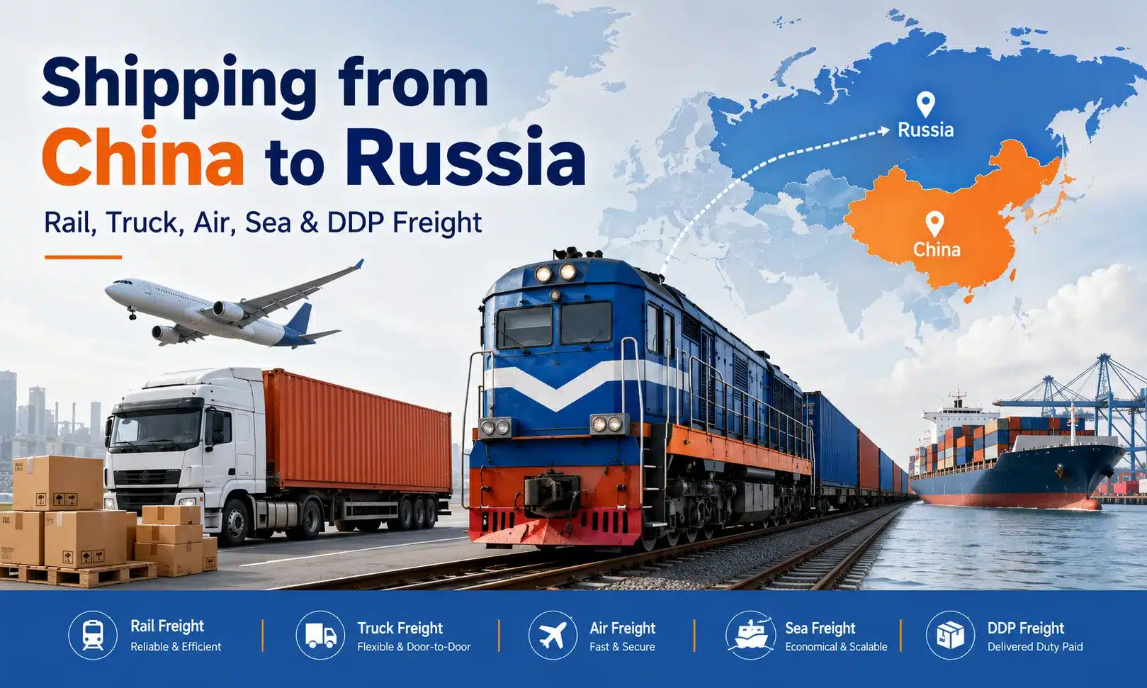 Shipping from China to Russia showing rail truck air sea and DDP freight routes for commercial cargo delivery