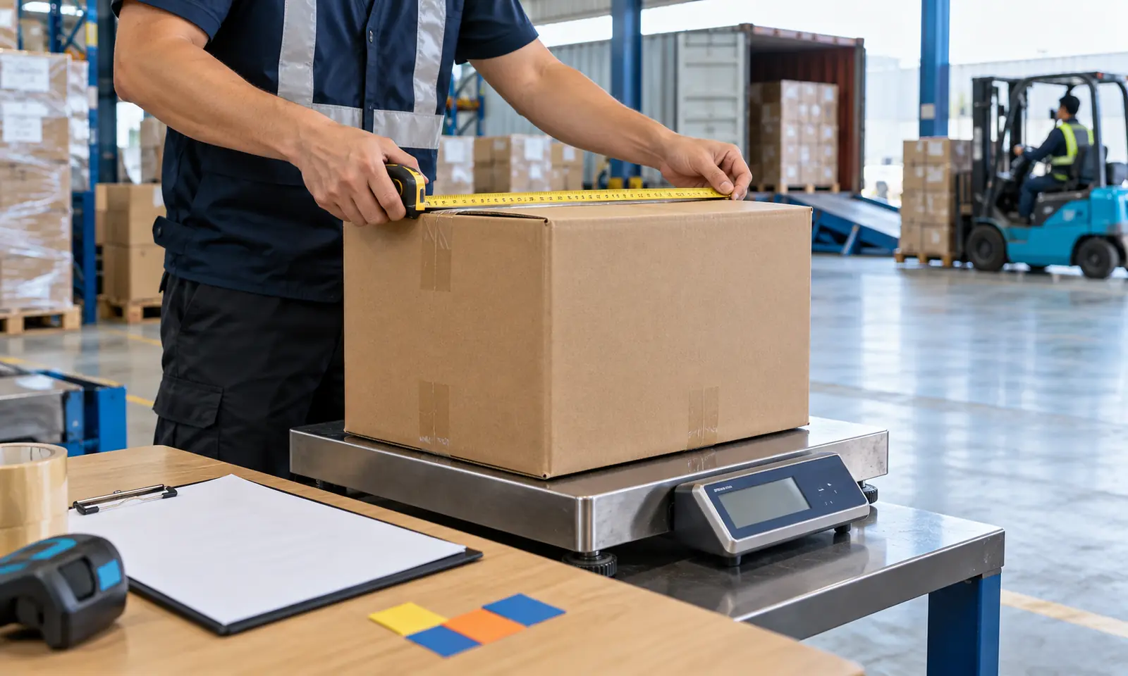 China-to-USA Freight Quote Carton Measurement Freight coordinator measuring and weighing a carton for a shipping quote from China to the USA