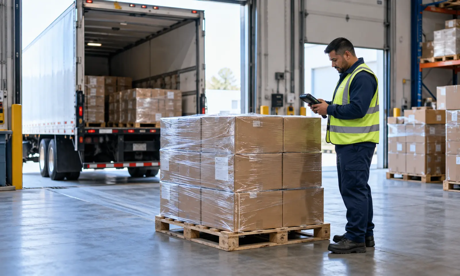 U.S. Warehouse Receiving for Freight from China Warehouse worker scanning palletized cartons during delivery at a U.S. receiving dock