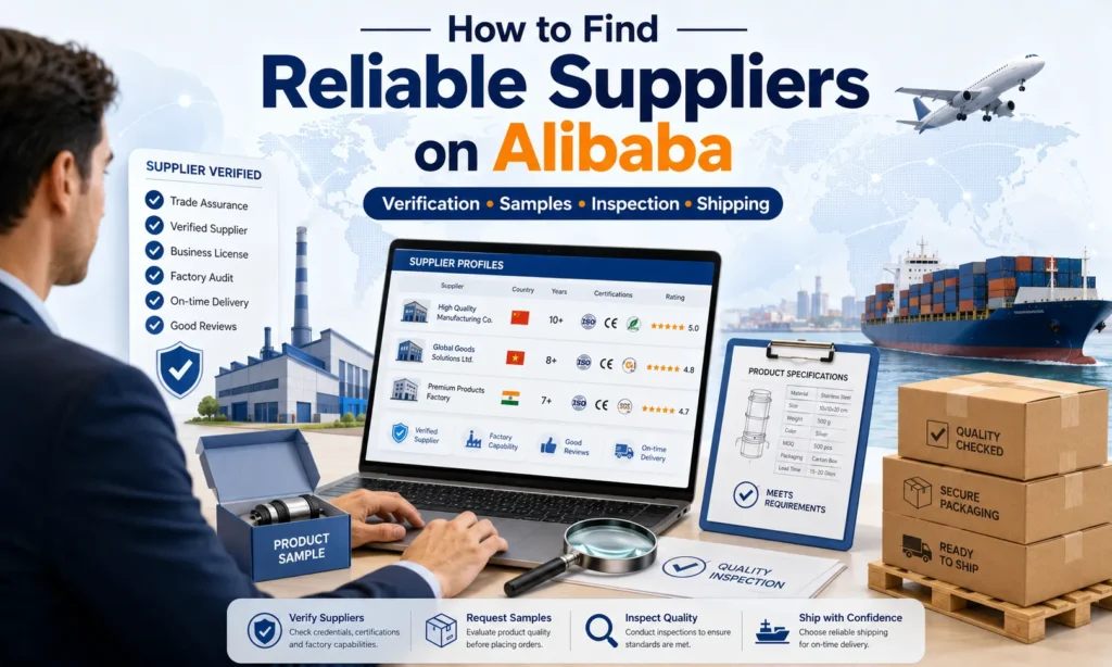 How to find reliable suppliers on Alibaba through supplier verification, product samples, quality inspection and international shipping