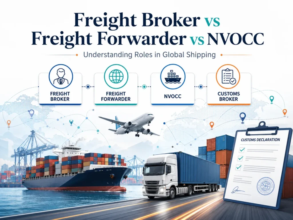 Freight broker, freight forwarder, NVOCC and customs broker comparison with cargo ship, airplane, truck and customs documents in global shipping.