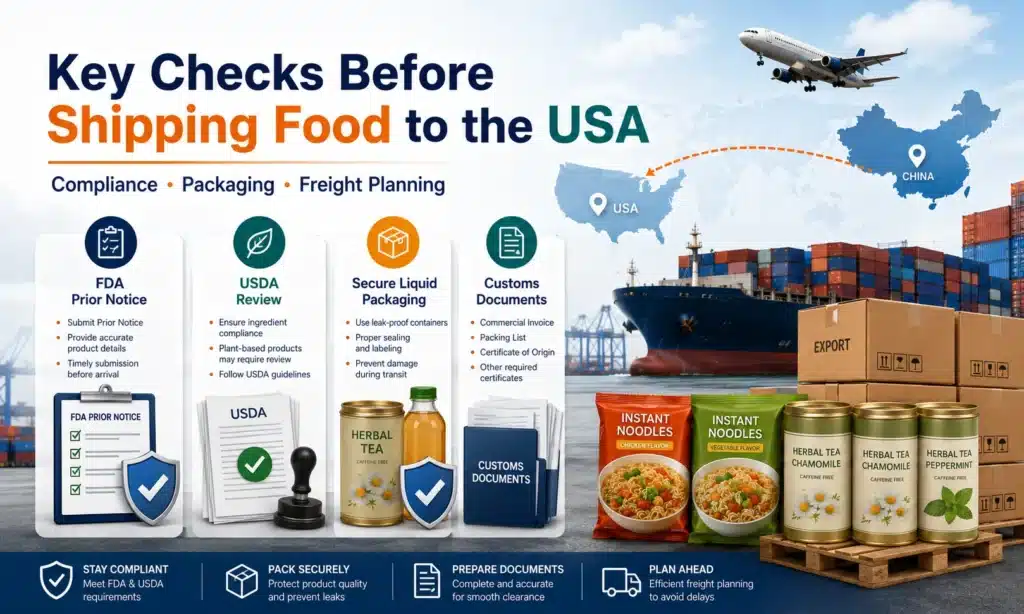 Key checks before shipping food from China including FDA Prior Notice USDA review secure liquid packaging and customs documents