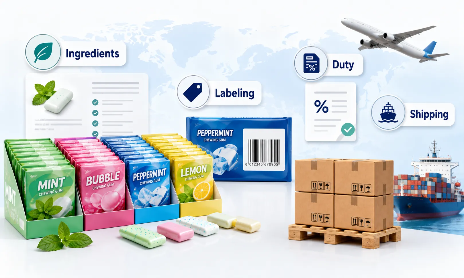 Importing and shipping chewing gum from China to USA including FDA checks packaging freight and temperature risks