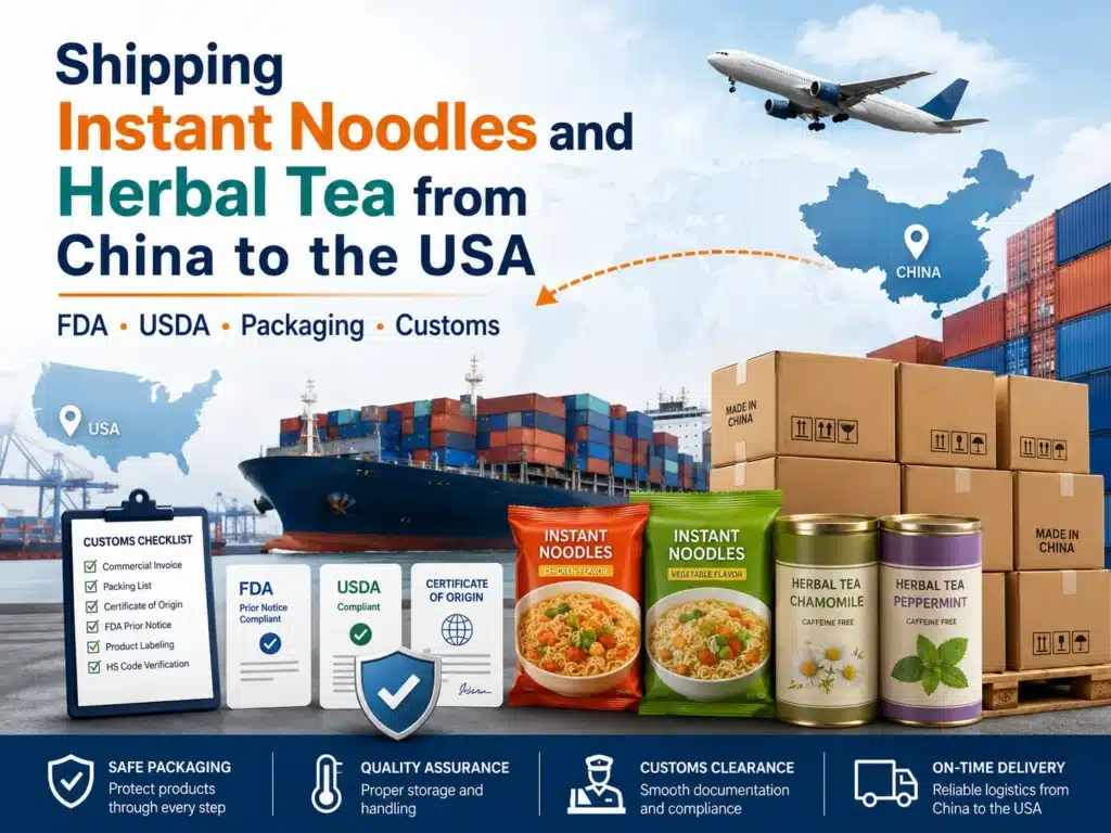 Shipping food from China to USA including instant noodles herbal tea FDA USDA packaging and customs checks