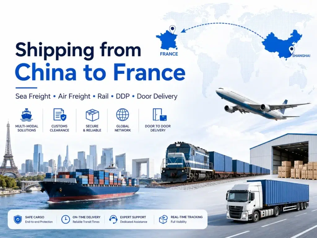 Shipping from China to France by sea freight, air freight, rail, truck and DDP door-to-door delivery.