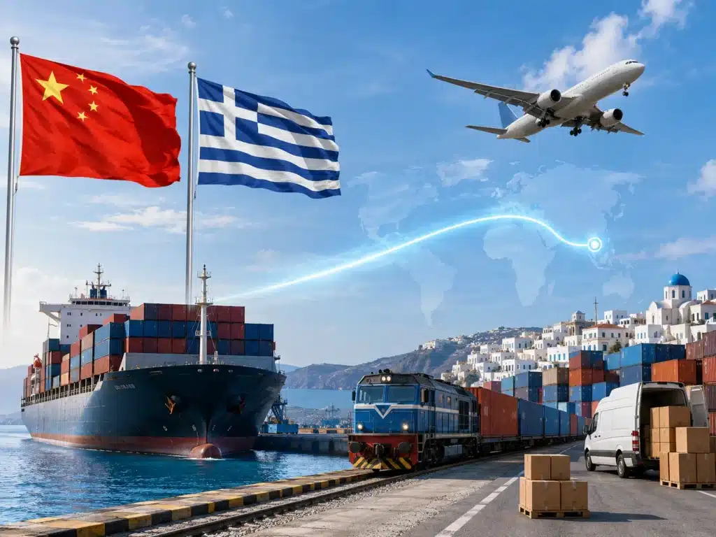 Shipping from China to Greece by sea freight, air freight, rail freight and DDP delivery, featuring China and Greece flags, cargo ship, airplane, train, containers and final delivery van.