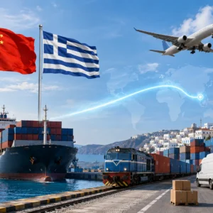 Shipping from China to Greece by sea freight, air freight, rail freight and DDP delivery, featuring China and Greece flags, cargo ship, airplane, train, containers and final delivery van.