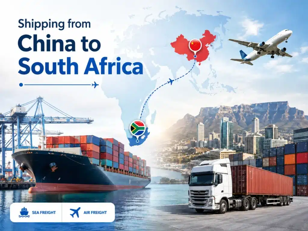 Shipping from China to South Africa freight route showing sea freight, air freight, container shipping and logistics delivery from China to South Africa.