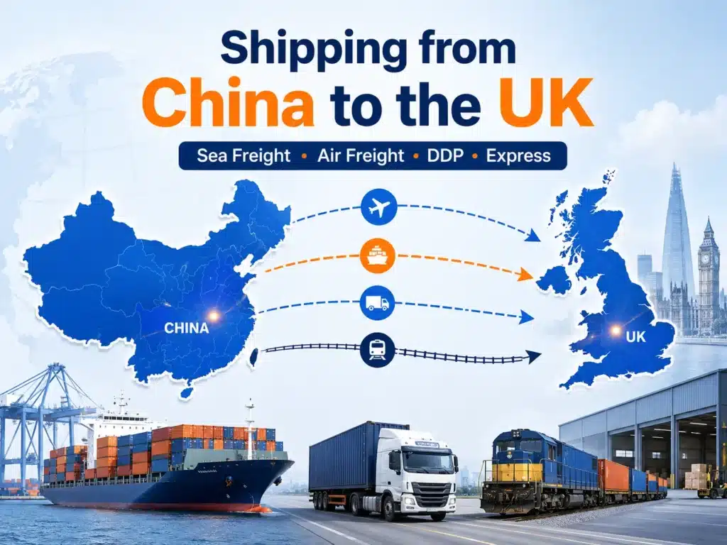 Shipping from China to the UK by sea freight, air freight, DDP and express delivery, showing China and UK maps with cargo ship, truck, rail and air routes.